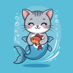 This imaginative illustration depicts a cute cat with a mermaid tail joyfully holding a fish, combining whimsical elements of fantasy and pet charm in a delightful blue underwater scene.