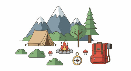 Obraz premium Flat design vector illustration of camping essentials. Features mountains, tent, campfire, trees, backpack, and compass