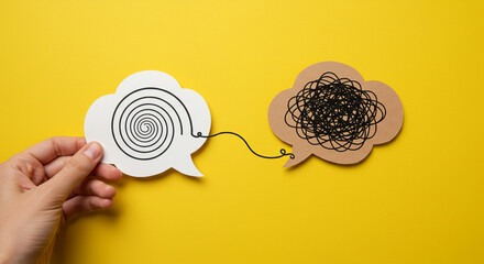 A hand holds a speech bubble representing clear, organized thought connecting to a tangled, messy one, symbolizing problem-solving and finding clarity from confusion on a vibrant yellow background