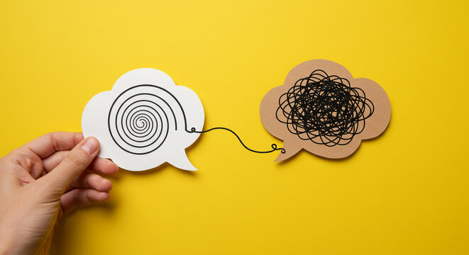 A hand holds a speech bubble representing clear, organized thought connecting to a tangled, messy one, symbolizing problem-solving and finding clarity from confusion on a vibrant yellow background