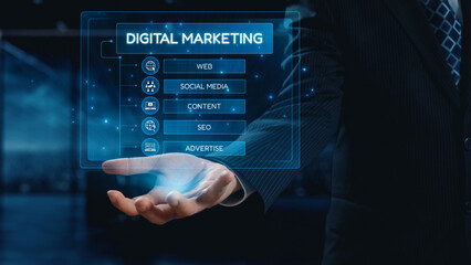 Digital marketing strategy broken down into categories: web, SEO, content, social media, and advertise. Digital tools enhance online marketing success across digital platforms. Elide