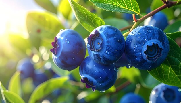 Close-up of ripe, juicy, blue berries on a branch, glistening in sunlight