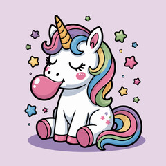 Fototapeta premium This adorable illustration features a cheerful unicorn blowing a bubble with gum, surrounded by colorful stars, representing joy and magic in a whimsical fantasy world.