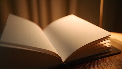 An open book with blank pages lies on a textured surface, illuminated by warm, soft light, creating a serene and inviting atmosphere for reading or learning