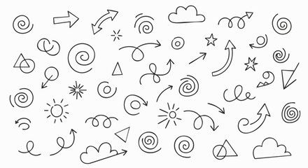 Naklejka premium Hand-drawn doodle design elements on white background. Includes arrows, spirals, clouds, stars, suns, triangles, and circles
