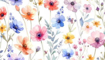Floral Watercolor Painting Seamless Pattern on White, Ideal for Textiles, Stationary