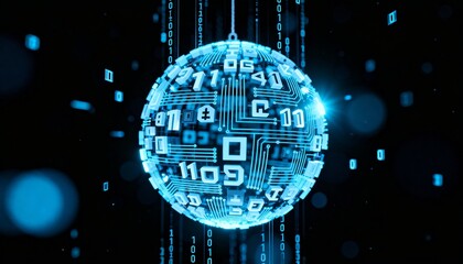 A glowing digital sphere composed of circuits and binary code, suspended in a dark space.