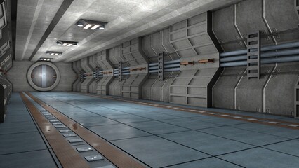 3D rendering of a detailed dark and scary spacecraft corridor with unique style