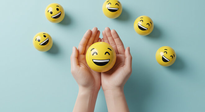 Empathetic hands gently cradle a vibrant happy emoji, surrounded by cheerful smiling faces on a calming blue, capturing pure joy and positive emotional well-being.