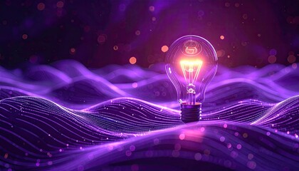 Glowing lightbulb rests on undulating, dark purple, digital waves, emitting warm light against a dark background with bokeh effects