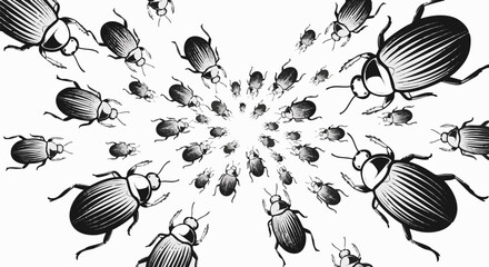 Radial pattern of numerous black and white beetles flying or running outwards, creating an unnerving vortex effect