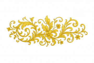 Golden baroque scroll ornament with floral flourish, vintage filigree design enhancing decorative borders, transparent background