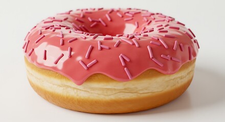 Delicious donut with pink frosting and sprinkles on a plain background