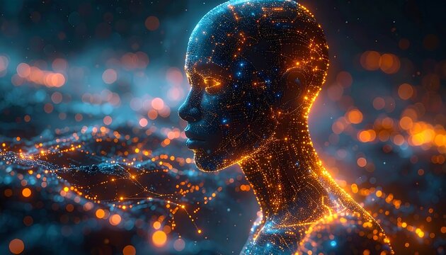 Digital Persona: An Abstract Portrait in Glowing Blue and Orange Light - Powered by Adobe