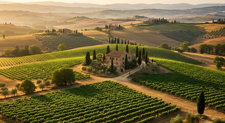 Scenic landscape with rolling hills vineyard rows and farmhouse under soft light