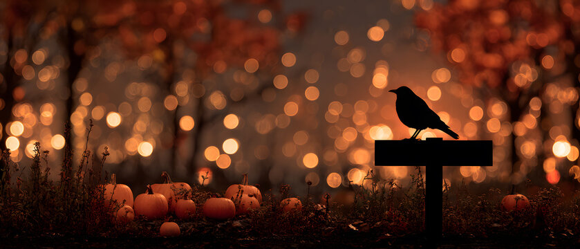 Black Crow on Wood Sign in Autumn Pumpkin Patch with Orange Bokeh Light Background