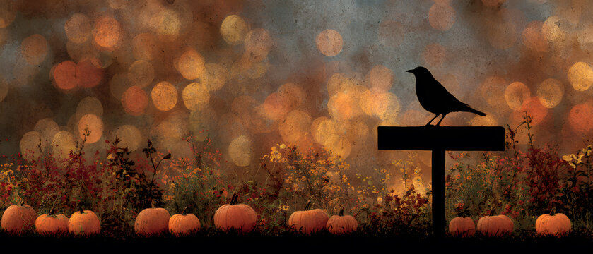 Black Crow on Wood Sign in Autumn Pumpkin Patch with Orange Bokeh Light Background