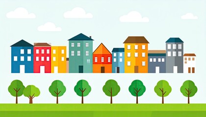 Flat illustration of buildings and trees under cloudy sky. Design background use