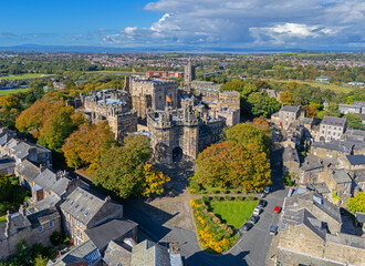 Lancaster, Lancashire, United Kingdom. 09.28.2025 Aerial Image of Lancaster Castle taken during Autumn. 