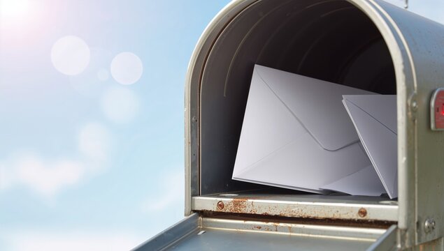 Open mailbox filled with white envelopes under a bright blue sky symbolizing communication, connection, and receiving important news or invitations in the digital age