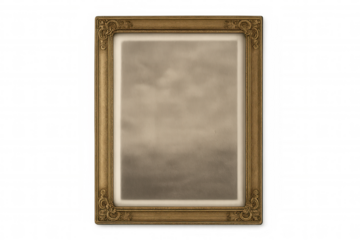 Ornate gold picture frame with blank sepia inside, empty vintage border on transparent background