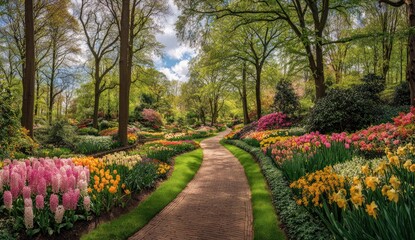 A picturesque garden path winds through vibrant flowerbeds filled with tulips, hyacinths, and daffodils, bathed in sunlight under a canopy of lush green trees.