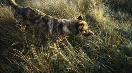 Spotted dog exploring tall grass in a sunlit field.