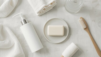 Elevate your self-care ritual with this minimalist spa scene showcasing natural soap, bamboo toothbrush, and fluffy white towels for a calming wellness experience