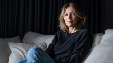Fototapeta premium Middle aged woman relaxes on a couch in her Living Room, wearing casual clothes while looking thoughtful