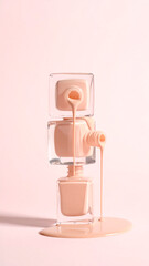 Three glass bottles of nude-colored nail polish stacked vertically. The arrangement showcases fluid motion, balance, symmetry. Minimalist background, soft lighting, beauty concept, modern aesthetic.