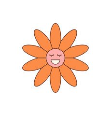 Groovy retro orange flower with happy face and cute sticker style in cartoon y2k look. Groovy element and smiley symbol add cheerful pop flair, ideal for playful summer concepts.