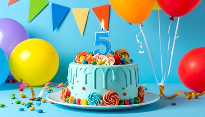 A bright and fun birthday cake topped with candy, lollipops, and a glowing number 5 candle.