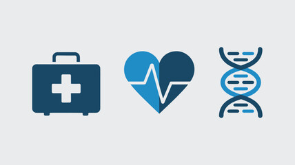Obraz premium Medical icon set featuring a first aid kit heart rhythm and DNA strand simple vector glyphs for healthcare and science applications isolated on white background