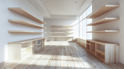 A Minemalist Retail Store With White Walls Plank Flooring Empty Shelves