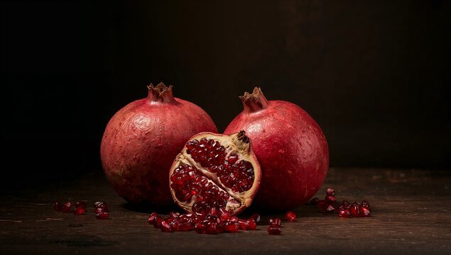 pomegranateFresh whole pomegranates and juicy red seeds on a dark rustic background, close-up view of seasonal tropical fruit, healthy organic food rich in antioxidants and vitamins
