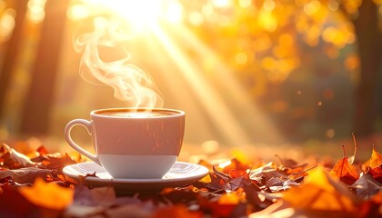 Happy Coffee Morning Poster – Warm sunrise light shining through a cup of hot steaming coffee with autumn leaves background. Perfect cozy morning greeting for October, breakfast vibes, food photograph