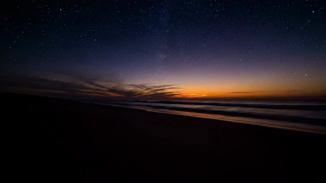 Epic timelapse transitions from bright day to starry night over a deserted beach and ocean horizon coast, movement, change