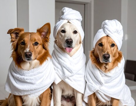 Three dogs in towels, spa day