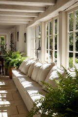 Sunlit White Country Hallway With Wooden Beams And Garden View