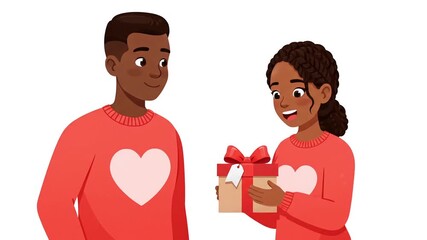 A man gives a woman a gift, both wearing matching sweaters with hearts, isolated on white background