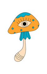 Groovy psychedelic mushroom with cartoon eye forms magic sticker style in retro colorful y2k palette. Trippy shroom and groovy element blend as pop, fun icon, ideal for playful decorative use.
