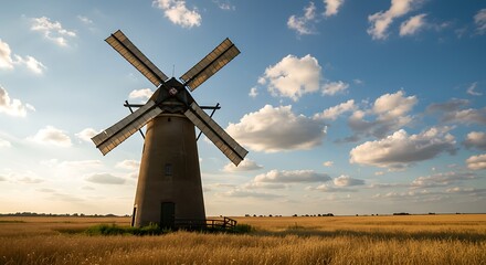 Historic windmill against blue sky with white clouds in rural landscape