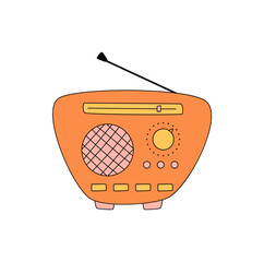 Retro groovy cartoon orange radio sticker with vintage y2k aesthetic. Groovy element for music and audio themes, playful electronic style in bold orange color, creative sticker for fun decor.