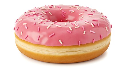Delicious glazed donut with pink icing and sprinkles isolated on white