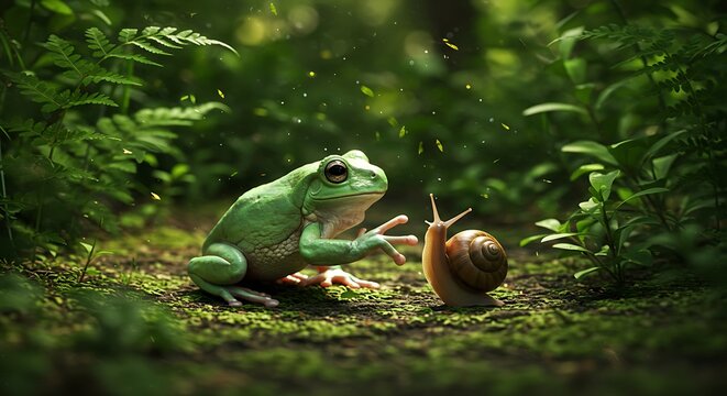 Green frog and snail interaction in natural environment woodland setting