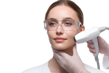 Woman receiving professional laser facial treatment in beauty clinic for skin rejuvenation and anti aging cosmetic therapy. Aesthetic laser procedure. Cosmetic dermatology. Aesthetic clinic