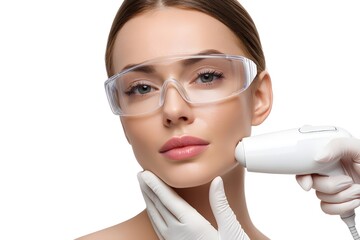 Woman receiving professional laser facial treatment in beauty clinic for skin rejuvenation and anti aging cosmetic therapy. Aesthetic laser procedure. Cosmetic dermatology. Aesthetic clinic