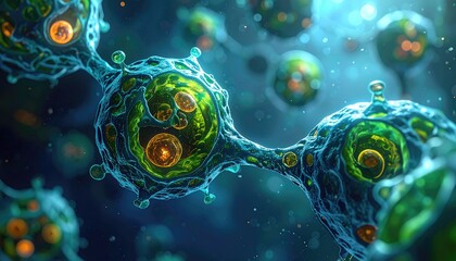 Cell Structure, Microscopic View. Abstract Glowing Biology for Scientific Use