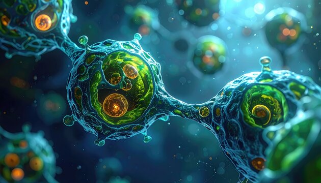 Cell Structure, Microscopic View. Abstract Glowing Biology for Scientific Use