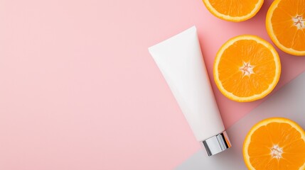 Skincare product mockup with oranges on pink background for cosmetic branding and design